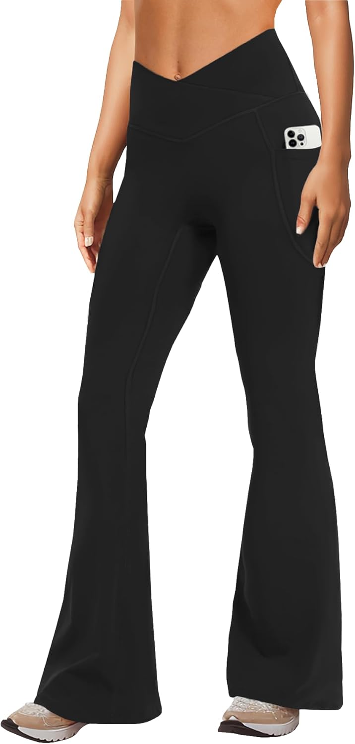 Women's Yoga Pants with Pockets No Front Seam Crossover High Waisted Flare Leggi...