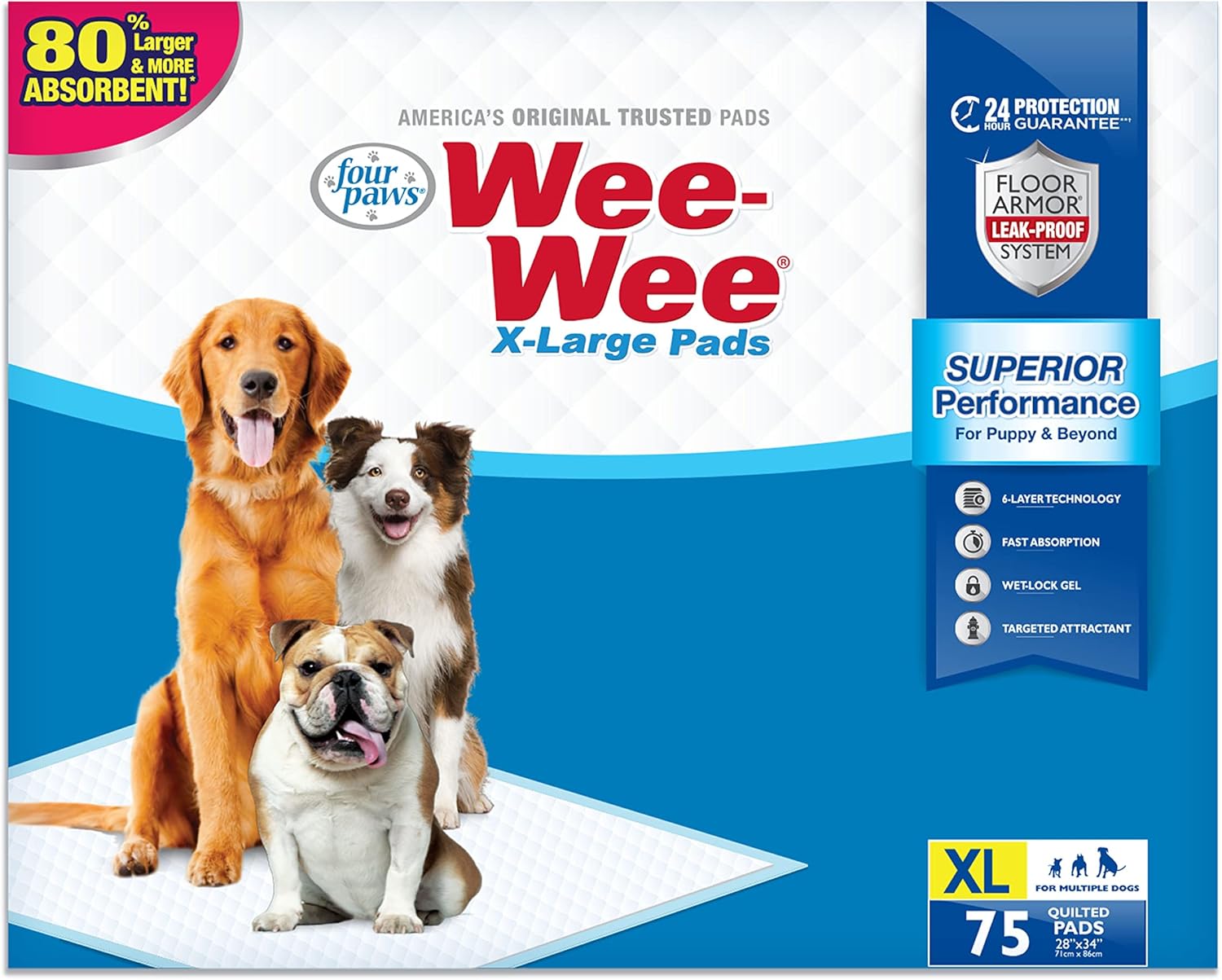 Four Paws Wee-Wee Superior Performance XL Pee Pads for Extra Large Dogs, Leak-Pr...