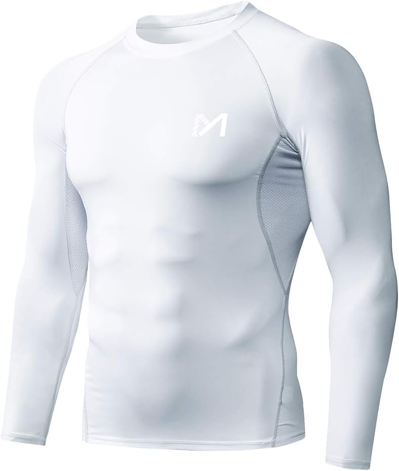 Men's Compression Long Sleeve Athletic Workout Shirt Medium White