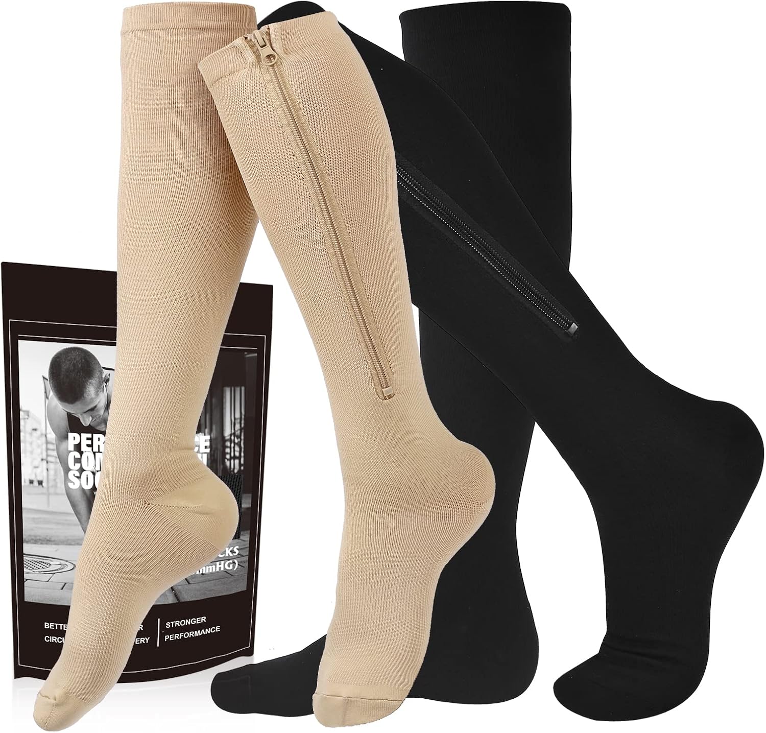 Zipper Compression Socks, 2 Pairs 15-20 mmHg Closed Toe Compression Stockings fo...