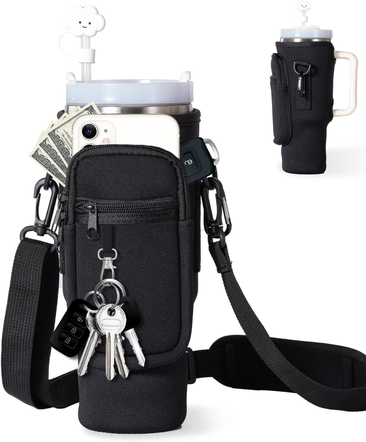 Water Bottle Carrier Bag with Phone Pocket for Stanley 40 oz Tumbler Neoprene Wa...
