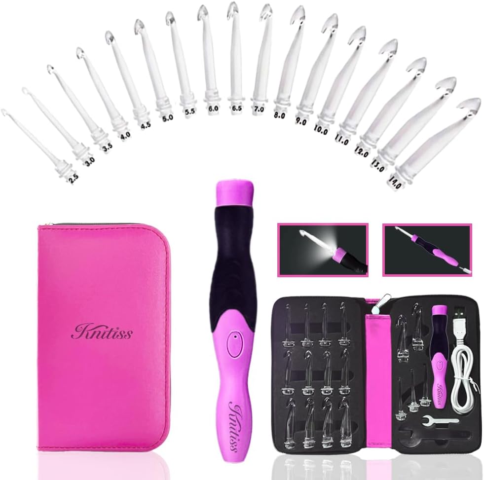 Knitiss 17 Sizes Lighted Crochet Hooks Set 2.5 mm to 14.0 mm, Rechargeable Light...