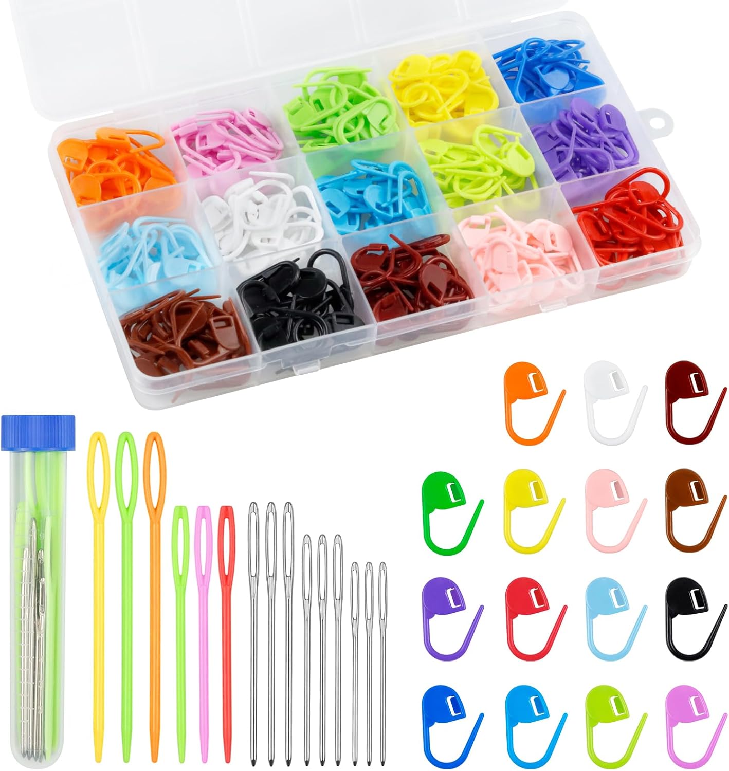 FIVEIZERO 220/900 Pieces Stitch Markers,with 15 Pcs Large Eye Blunt Sewing Needl...