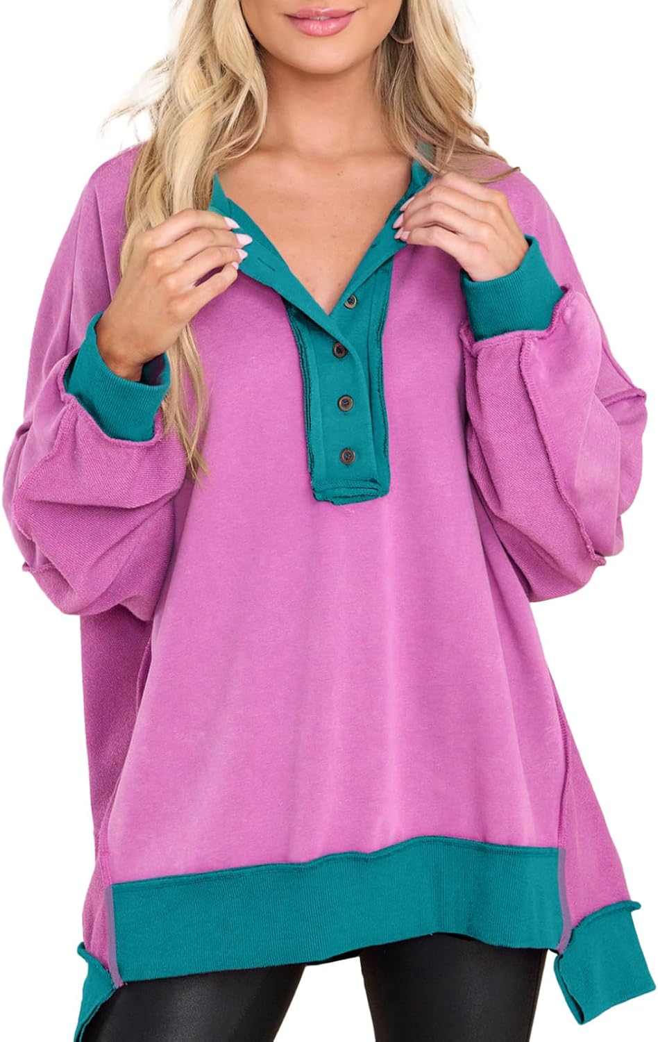 AlvaQ Women's Oversized Sweatshirt Casual Long Sleeve Button Henley Neck Pullove...