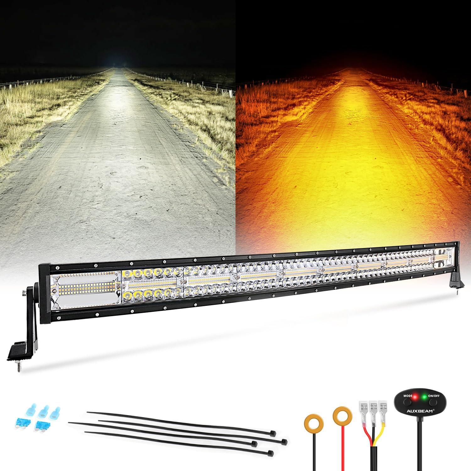 Auxbeam 42Inch 240W Curved LED Light Bar, 6 Modes Amber White Strobe Dual Color...