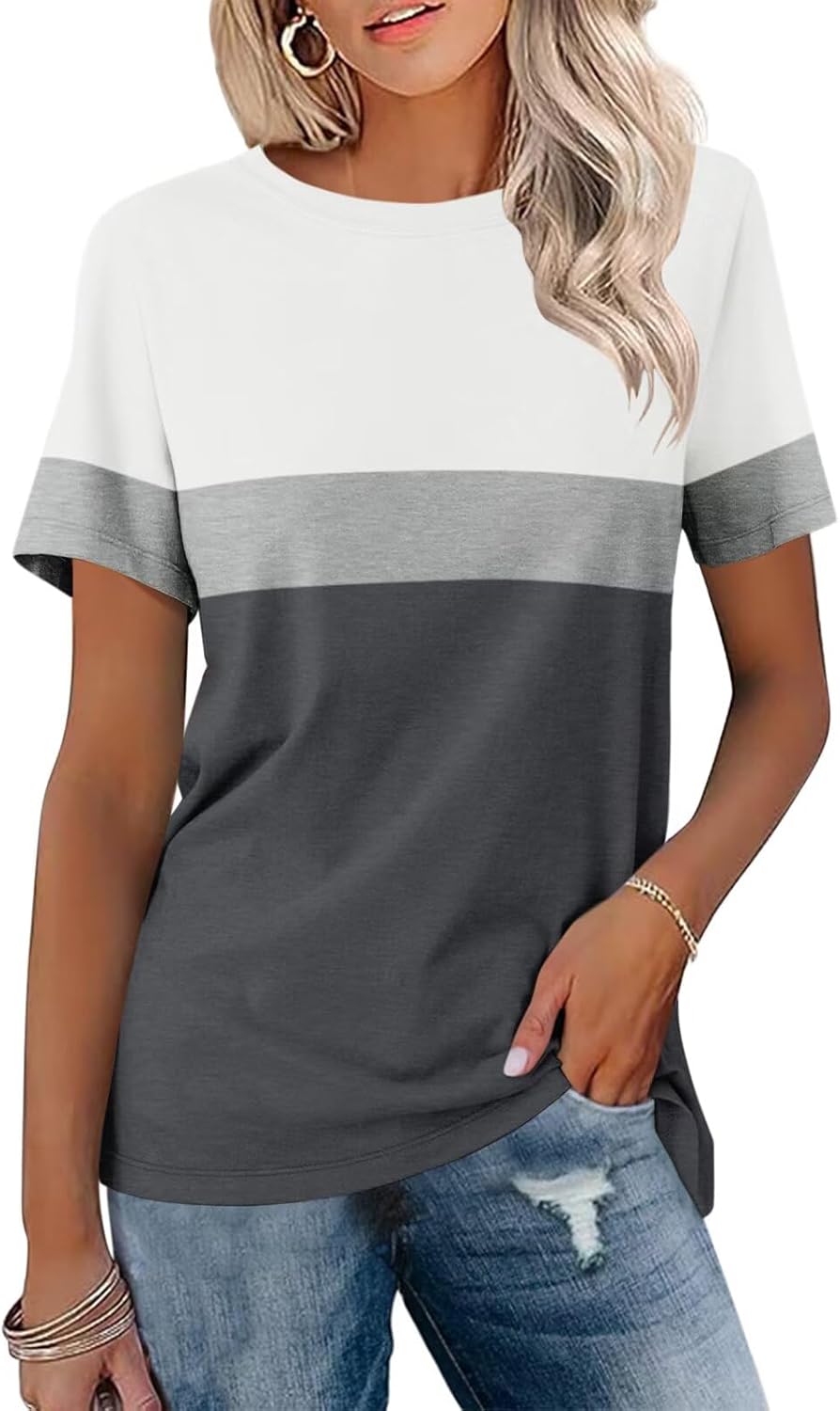 Minetom Women’s T Shirts Color Block Short Sleeve Tops Casual Summer Tees Large...