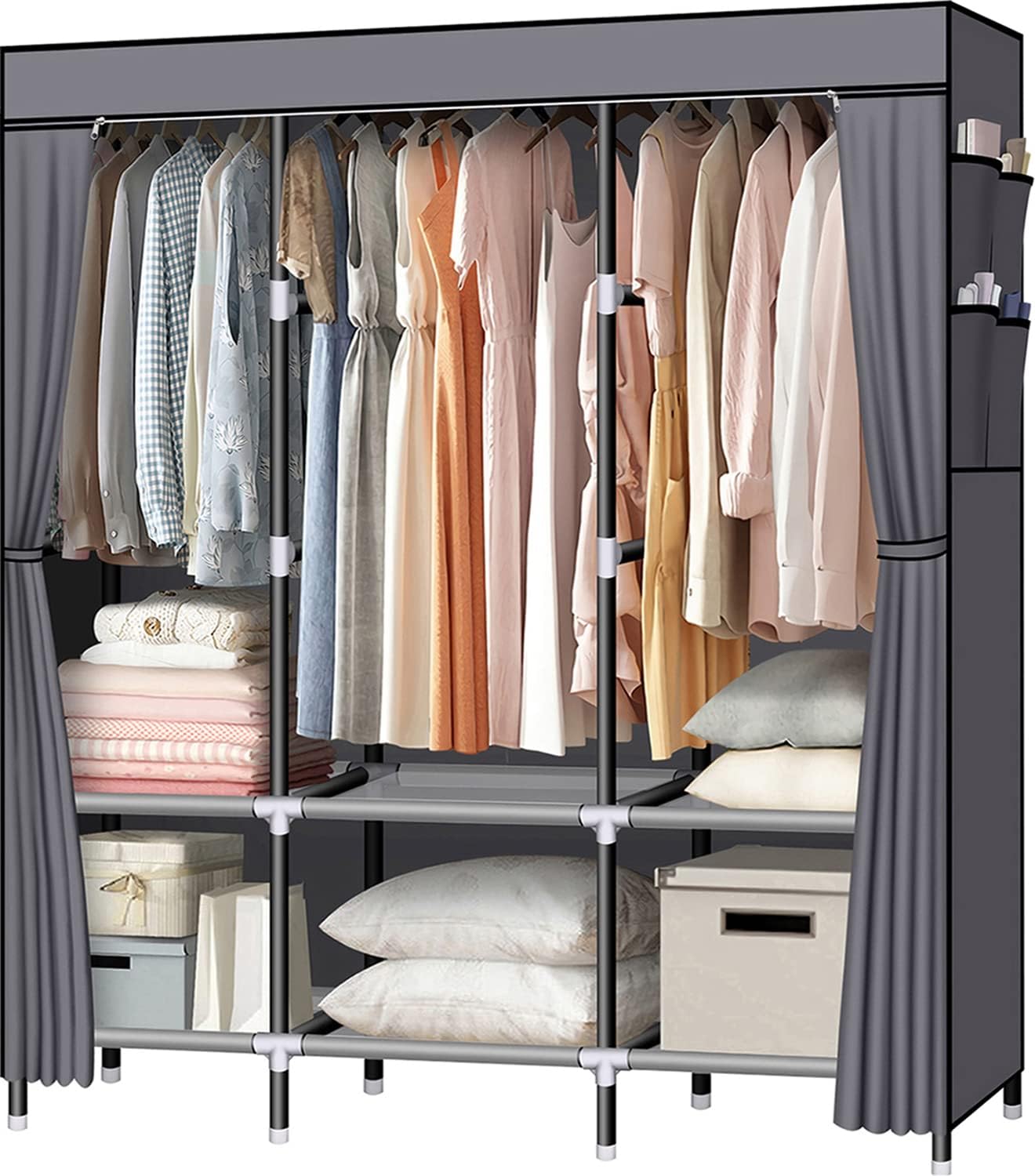LOKEME Portable Closet, 61-Inch Portable Wardrobe with 3 Hanging Rods and 6 Stor...