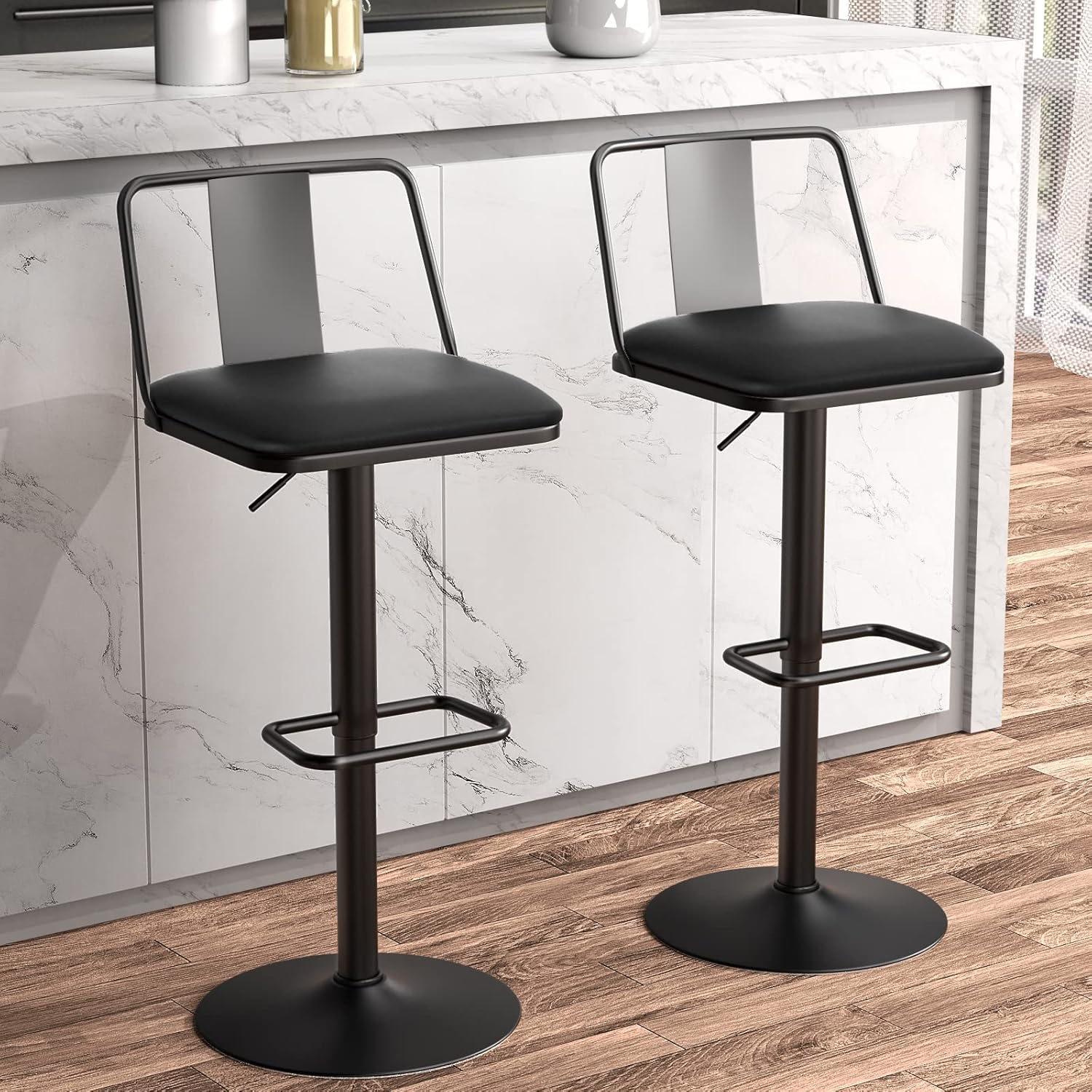 Metal Swivel Barstools Set of 2, Enlarged PU Leather Seat with Metal Back, Adjus...