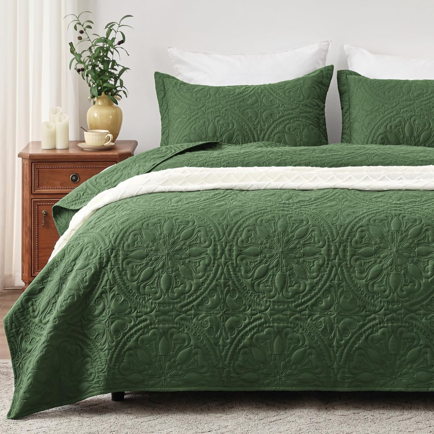 EXQ Home Quilt Set Twin Size Olive Green 3 Piece,Lightweight Soft Coverlet Manda...