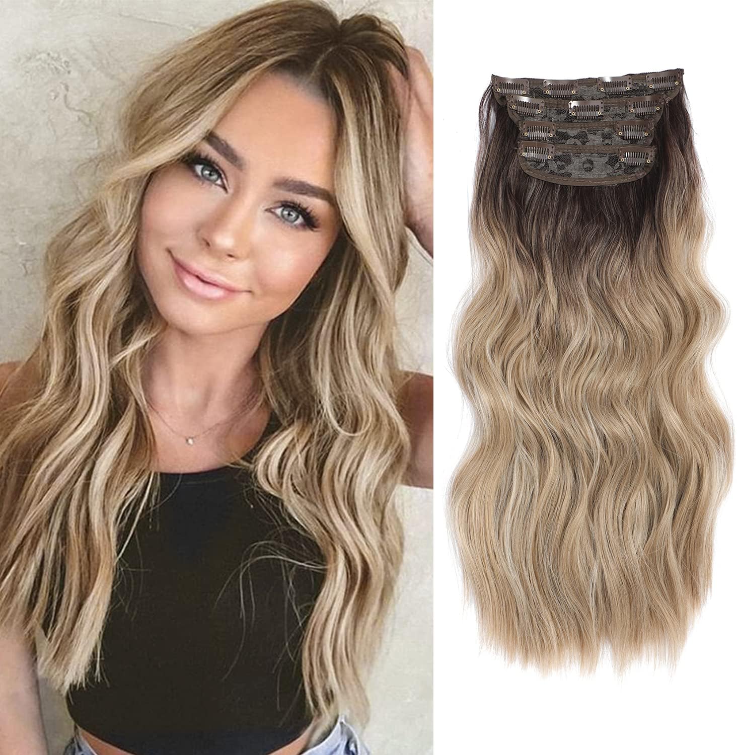 Clip in Hair Extensions 4Pcs Thick Full Head Ombre Dirty Blonde with Dark Root 2...