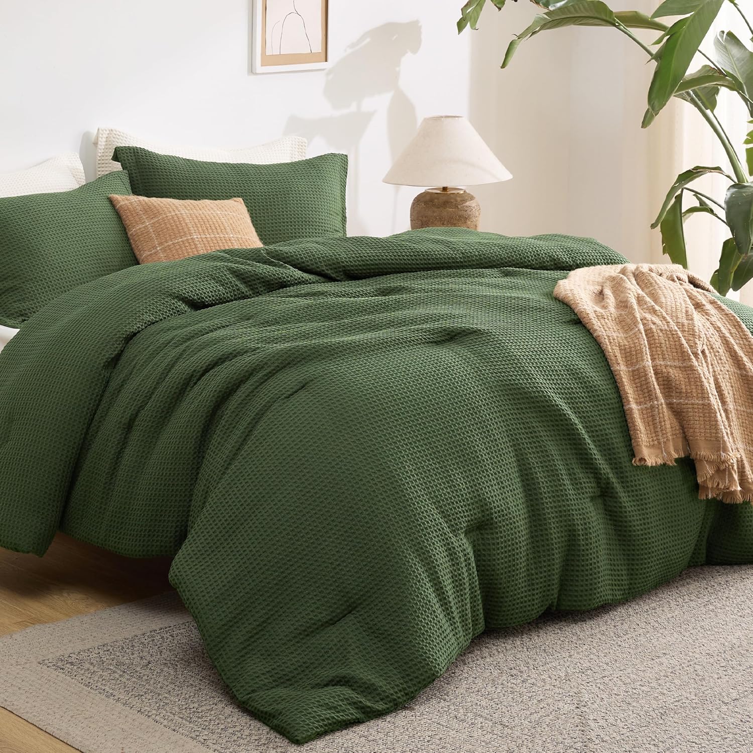 Bedsure Waffle Comforter Set King, Soft and Breathable Dark Green Bedding Comfor...