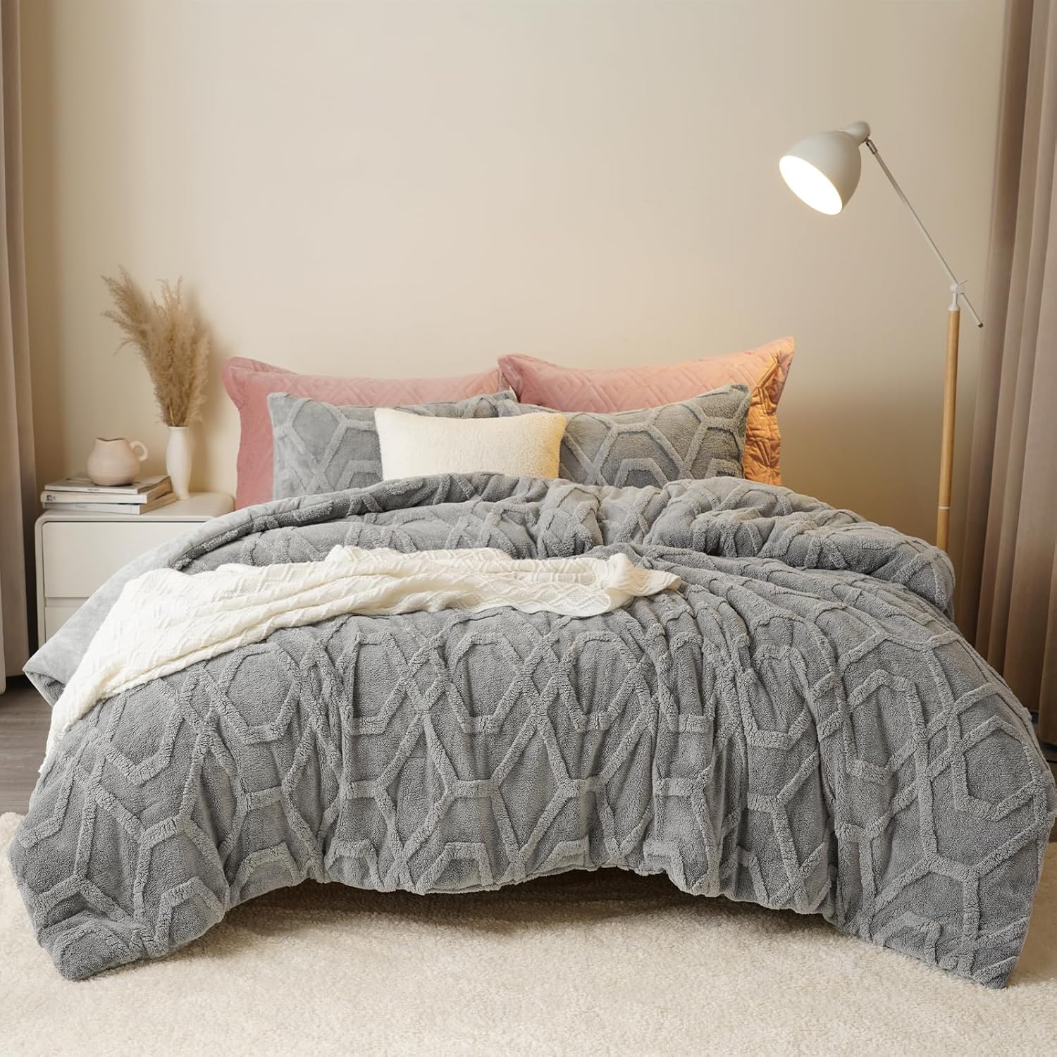 PHF Warm Sherpa Fleece Queen Comforter Set, 3D Tufted Fluffy Grey Bedding for Wi...
