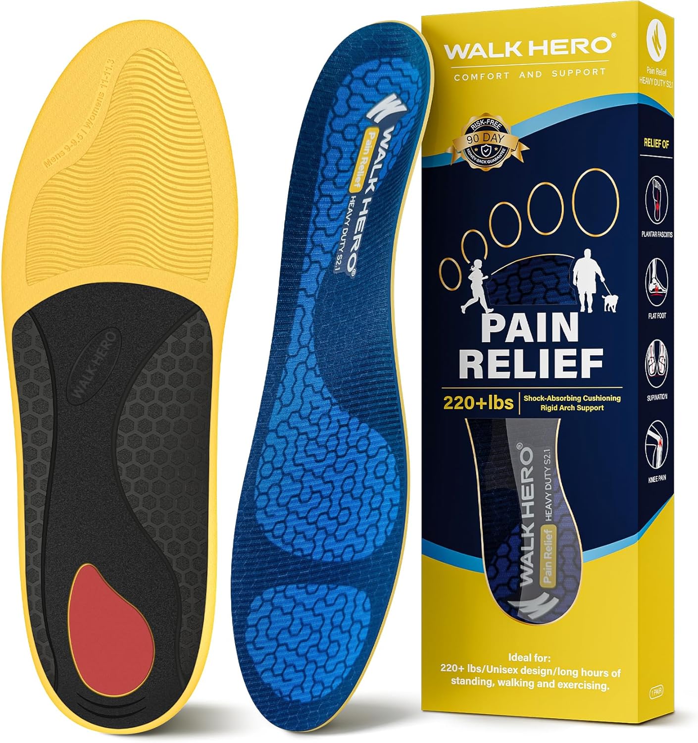 WalkHero Heavy Duty Plantar Fasciitis Insoles, 220+lbs Strong Arch Support Ortho...