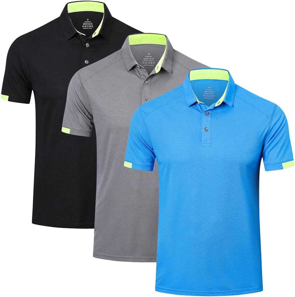 HUAKANG 3 Pack Mens Polo Shirts Short Sleeve Breathable Quick Dry Golf Top Runni...