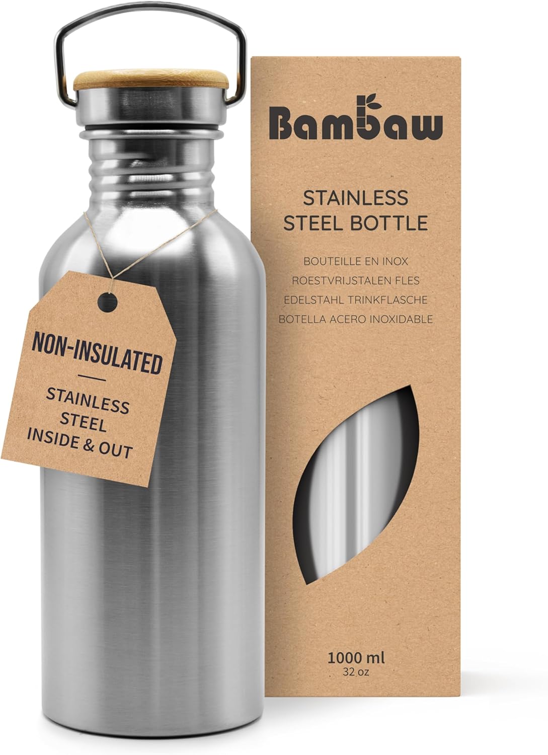 Bambaw Stainless Steel Water Bottle | 1 Litre Water Bottle | Non Insulated Singl...