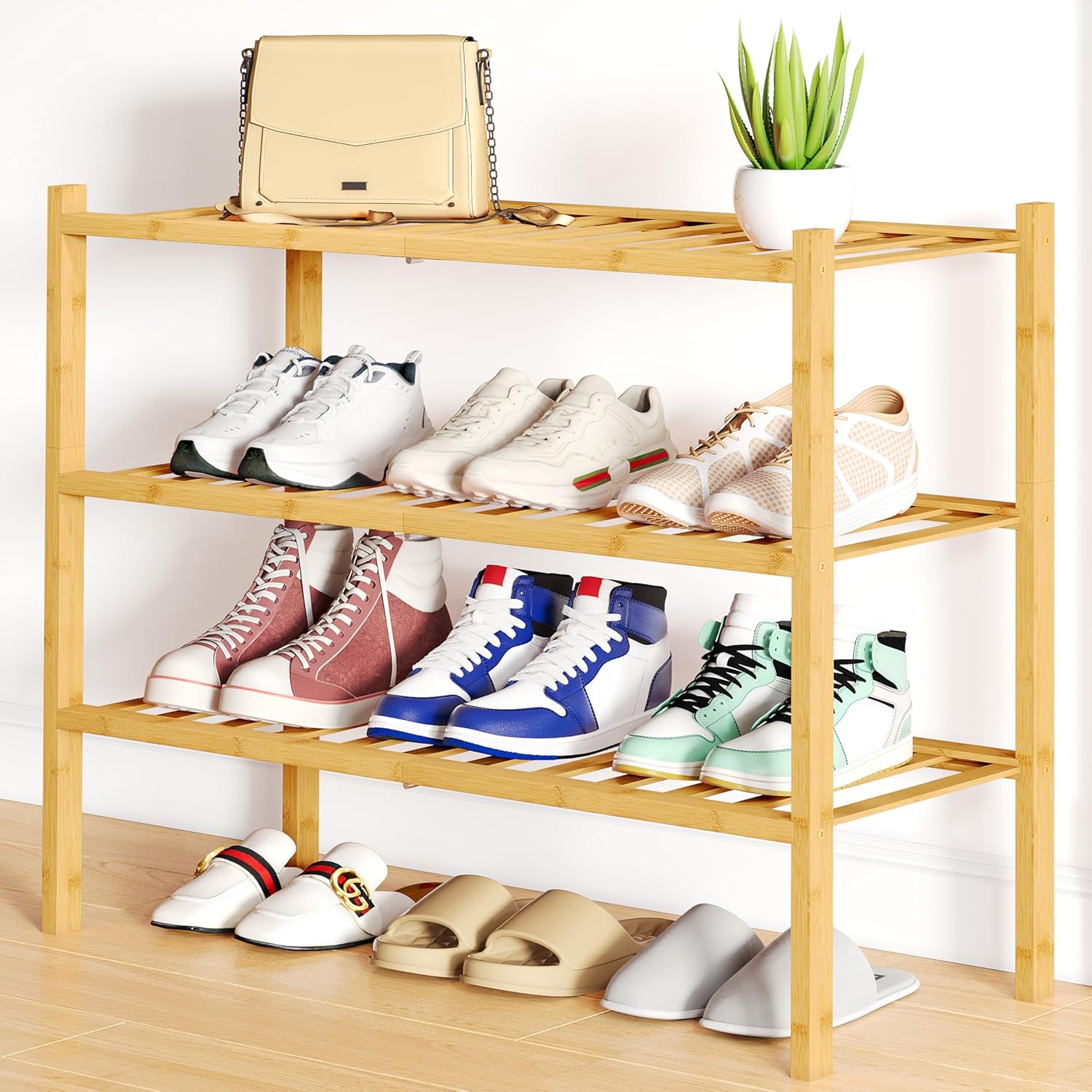 Smiry Shoe Rack, 3 Tier Bamboo Shoe Organizer, Stackable Free Standing Wooden Sh...