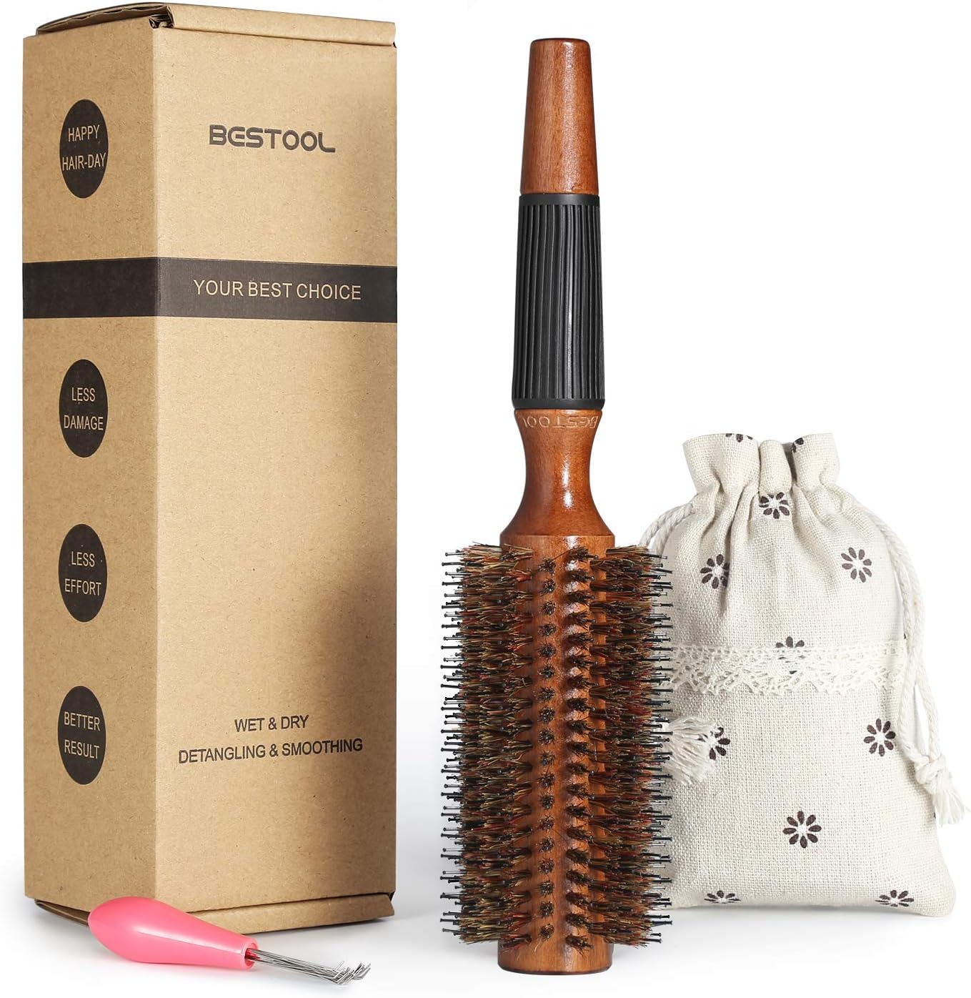 BESTOOL Round Brush for Blow Drying, Boar Bristle Round Hair Brush with Wooden B...