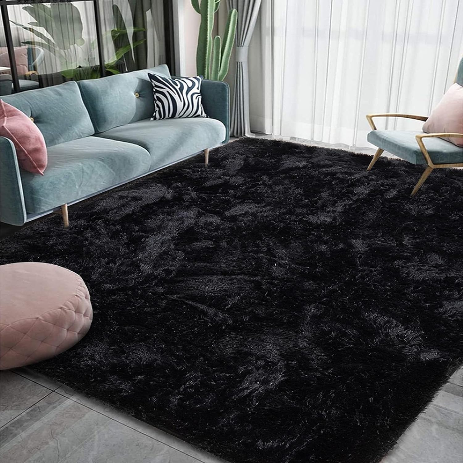 HOMORE Black Area Rug for Bedroom, Fluffy Furry Shaggy Rugs for Living Room, Sup...