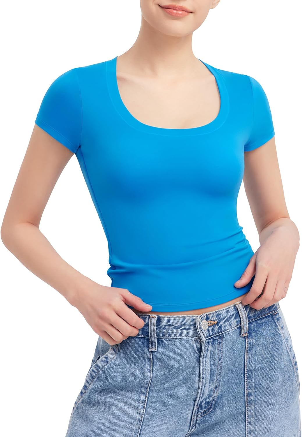 PUMIEY Women's T Shirts Short Sleeve Scoop Neck Basic Going Out Tops Fashion Sli...