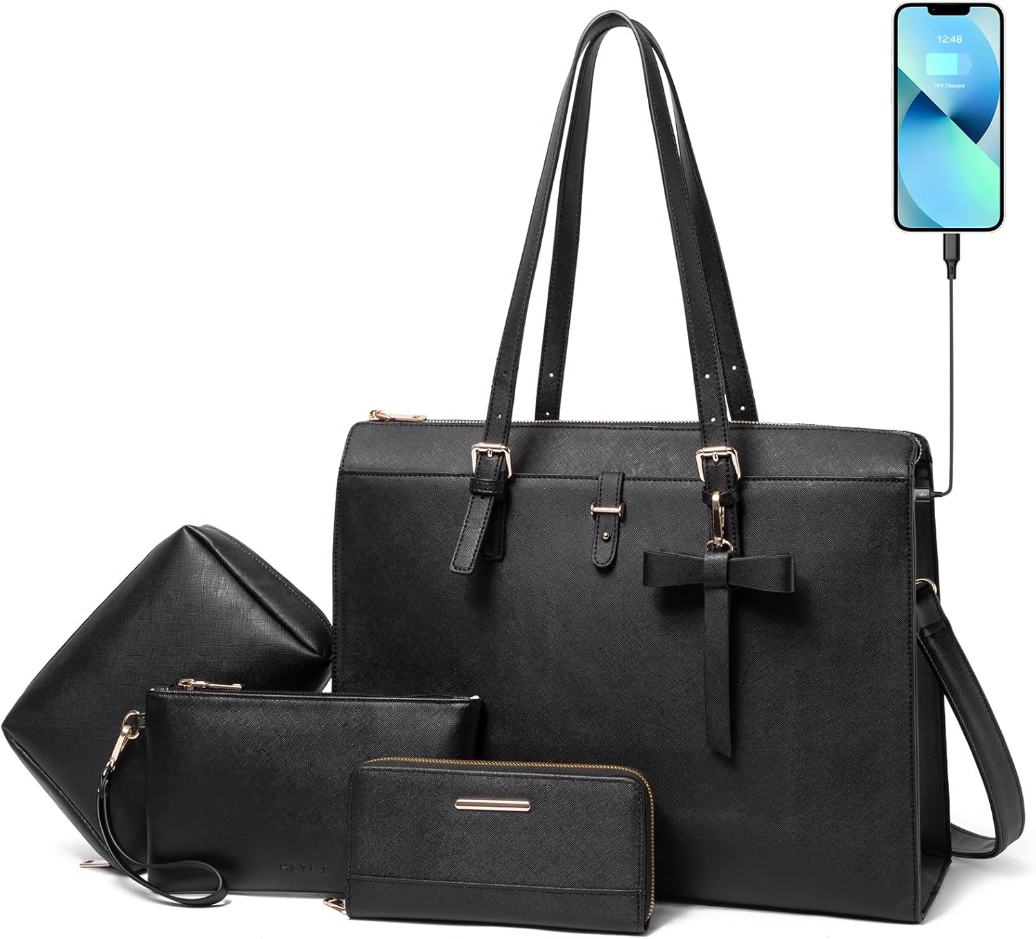 Keyli 4pc Sets Laptop Bag for Women Large Leather Laptop Briefcase with USB Char...