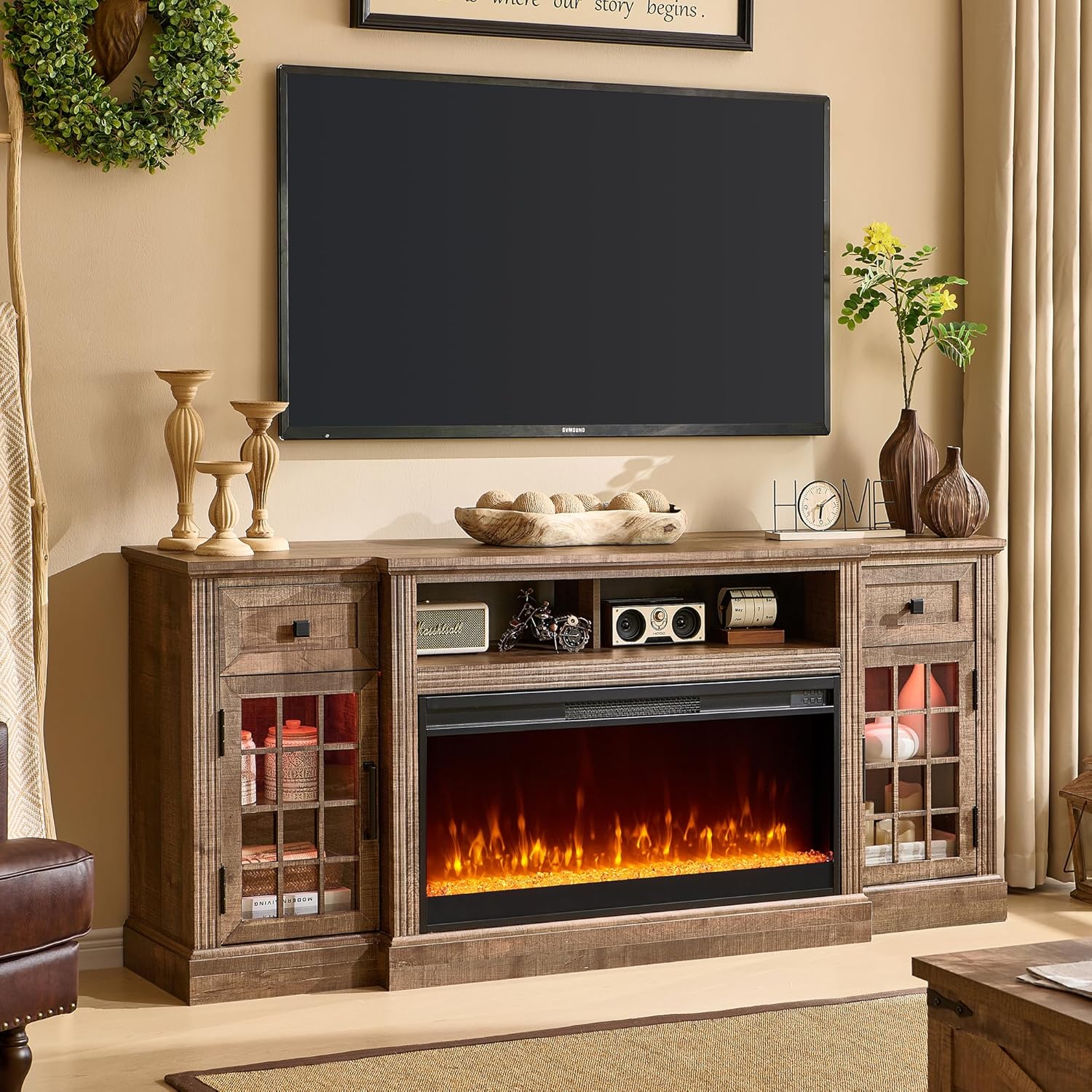 JXQTLINGMU Fireplace TV Stand for 80 Inch TV, Farmhouse Highboy Entertainment Ce...
