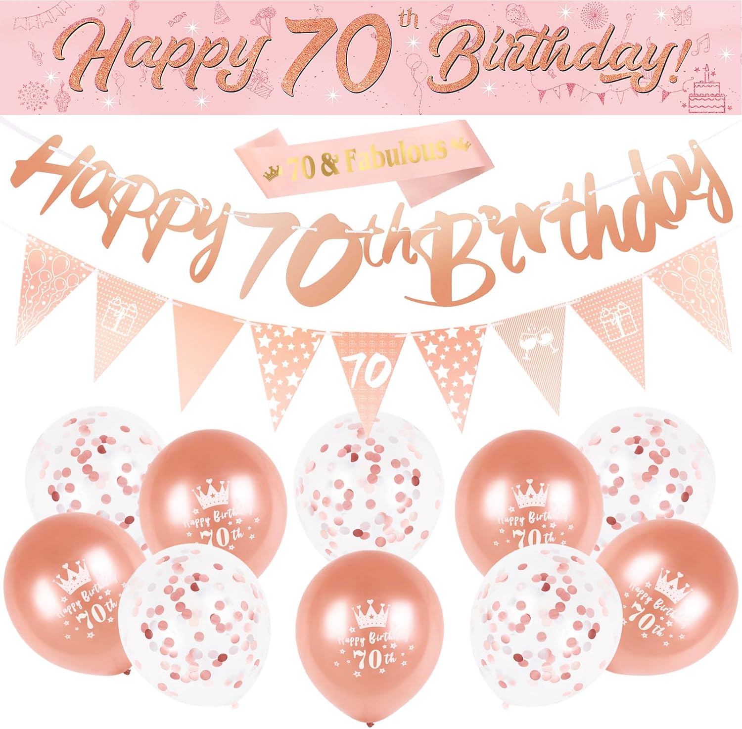 70th Birthday Decorations Kit Rose Gold Happy 70th Birthday Banner Triangle Flag...