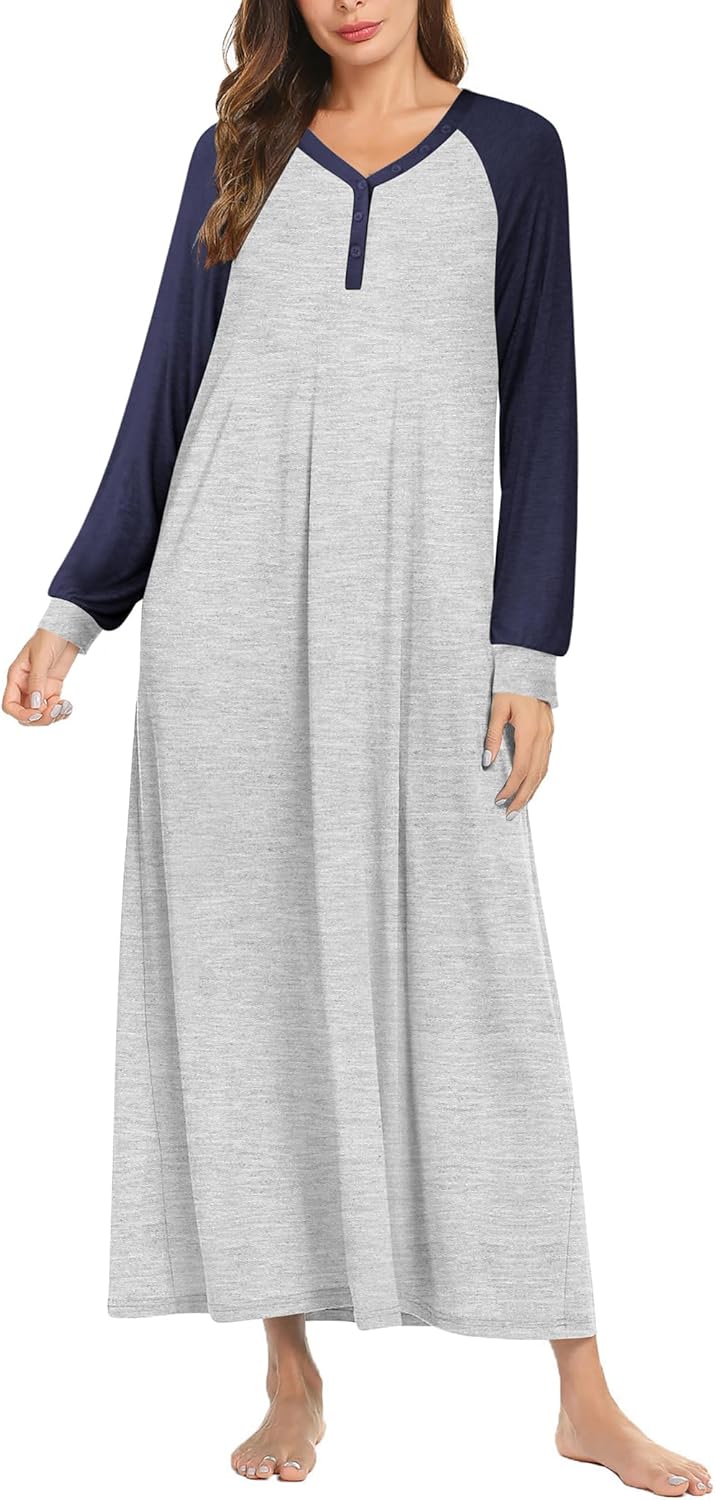 Ekouaer Nightgown Long Sleeve for Women Sleepwear V Neck Loungewear Button Full...