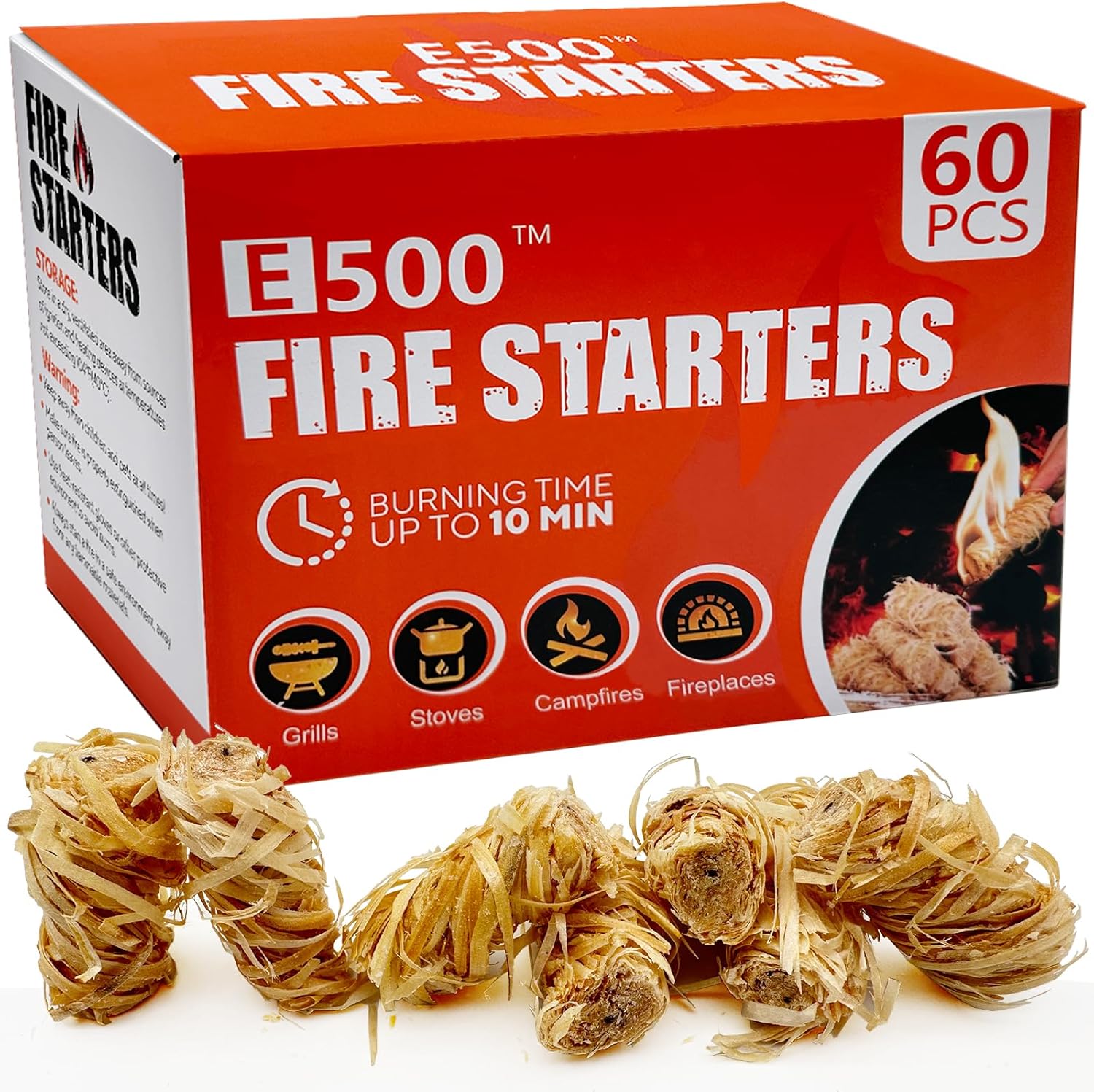 E500 Fire Starter - Natural Fire Starters for Fireplace, Campfires, Chimney, BBQ...