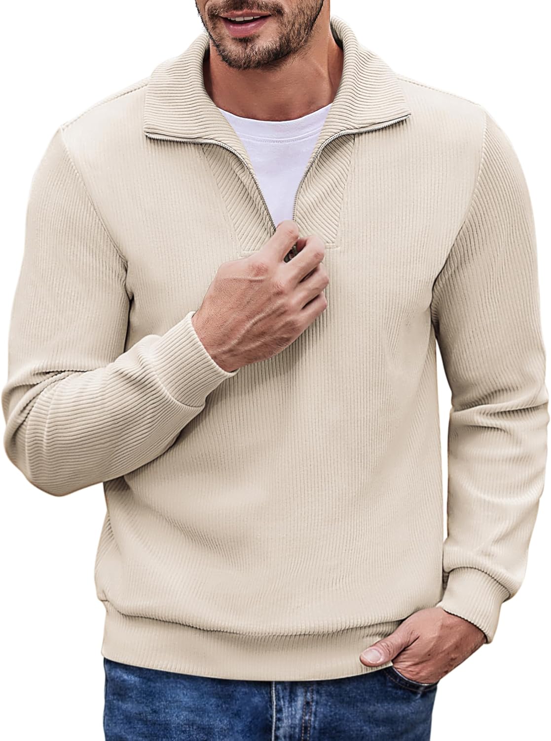 COOFANDY Men's Quarter Zip Up Pullover Slim Fit Mock Neck Long Sleeve Sweaters C...