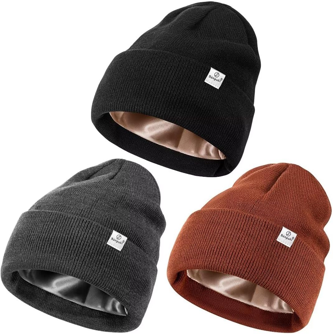 3 Pack Satin Lined Winter Beanie Hats for Women Men,Silk Lined Beanie Knit Soft...