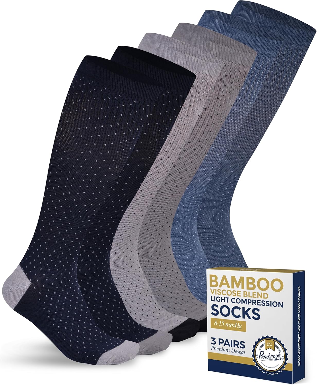 Pembrook Bamboo Viscose Light Compression Socks - 3 Pairs | 8-15 mmhg Compressio...