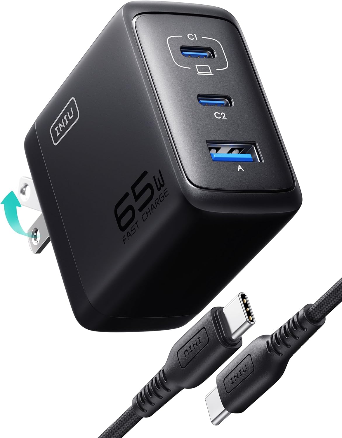 INIU USB C Charger, 3-Port 65W PD GaN Charger, Compact Foldable USB C Wall Charg...