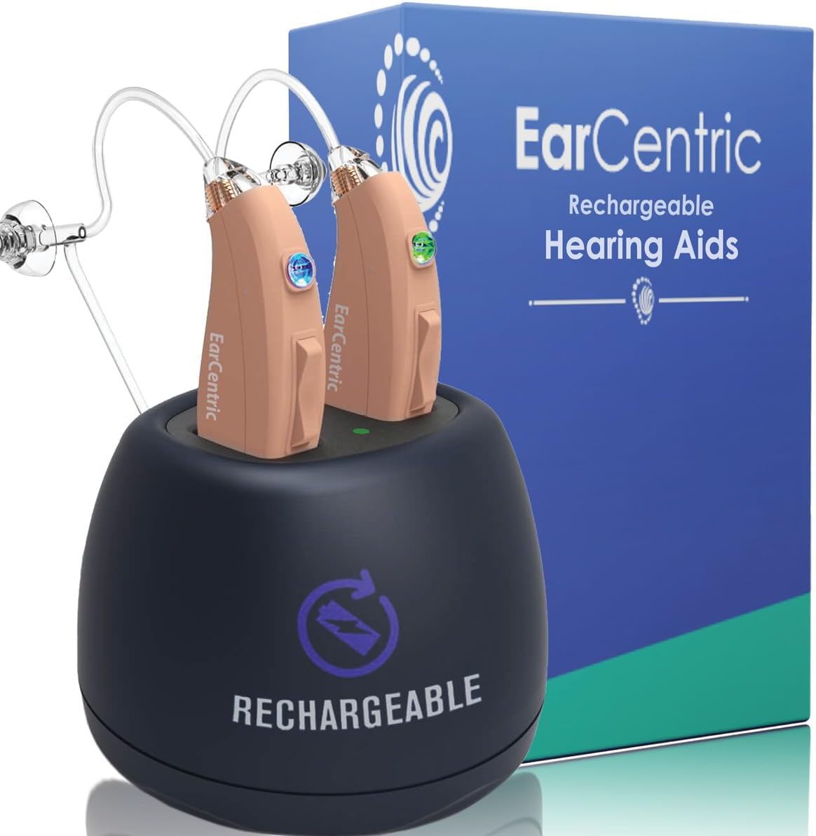 EarCentric EasyCharge Rechargeable Hearing Aids (Pair) for Seniors, Behind-The-E...