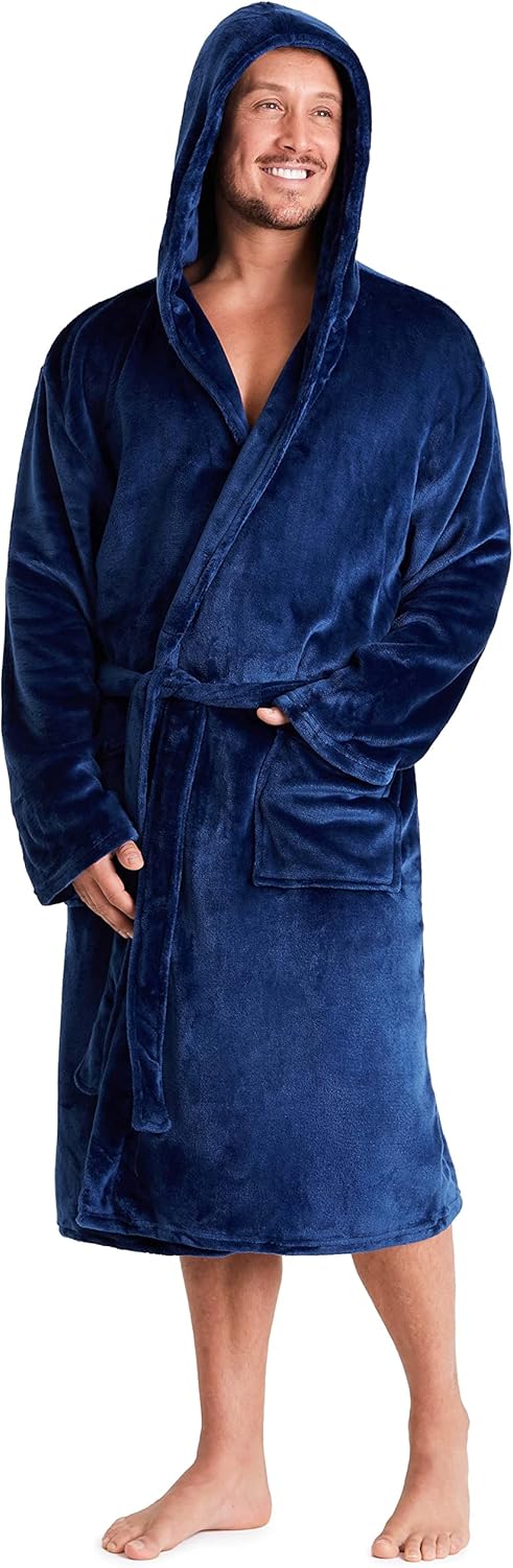 Mens Dressing Gown Super Soft Mens Fleece Robe with Hood Gowns Bathrobe Warm and...