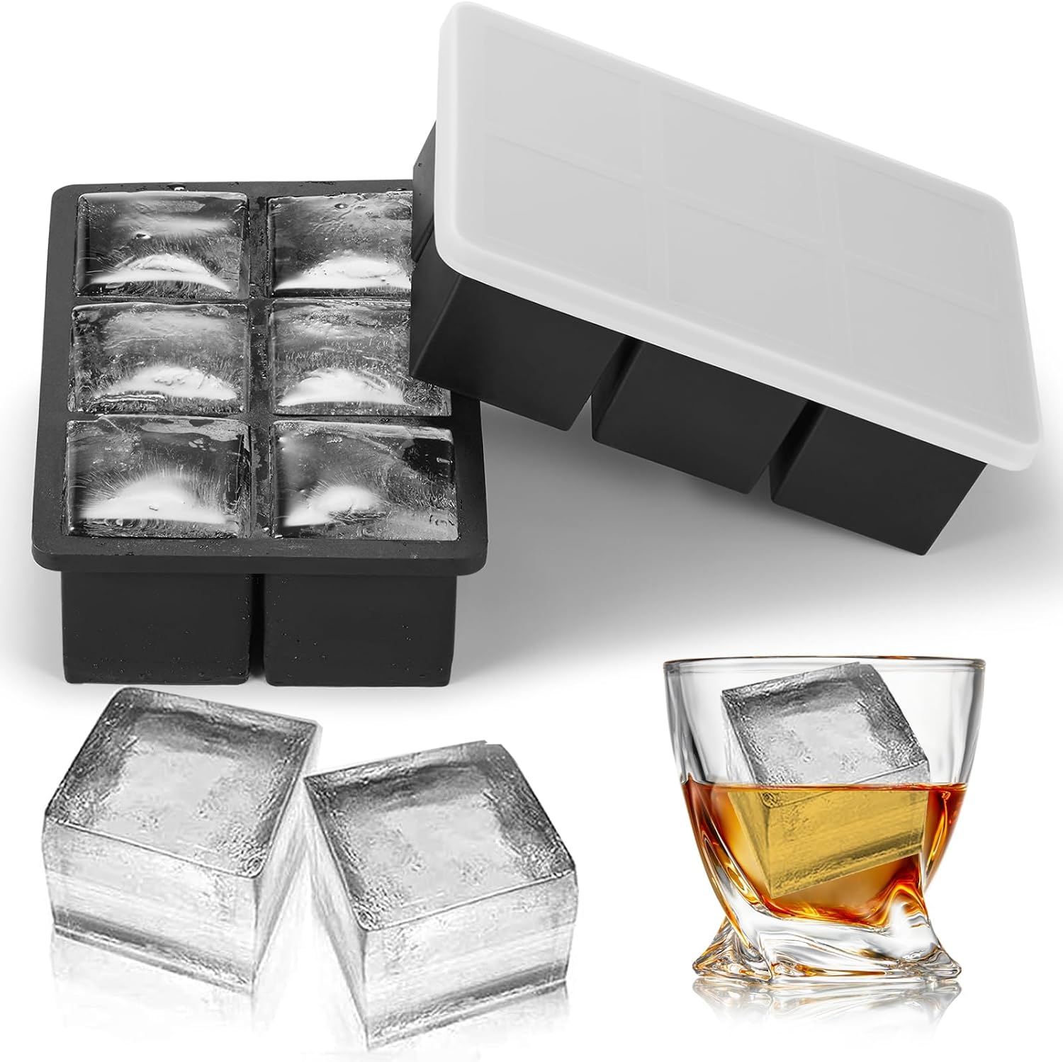 Large Silicone Ice Cube Tray with Lid 2 Pack, Stackable Square Ice Cube Molds fo...