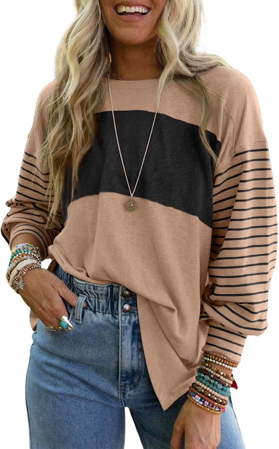Dokotoo Long Sleeve Spring Tops Oversized 2025 Trendy Round Crew Neck Casual Col...