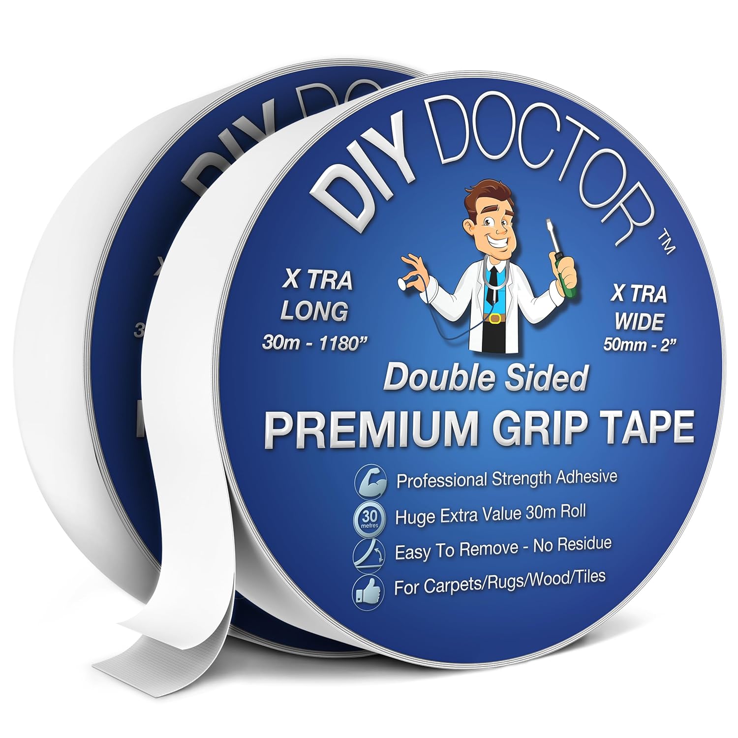 DIY Doctor XL Heavy Duty Double Sided Carpet Tape - 2 Pack (30m length x 50mm wi...
