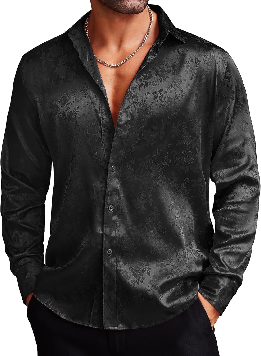 COOFANDY Men's Silk Satin Dress Shirts Jacquard Long Sleeve Floral Button Up Shi...