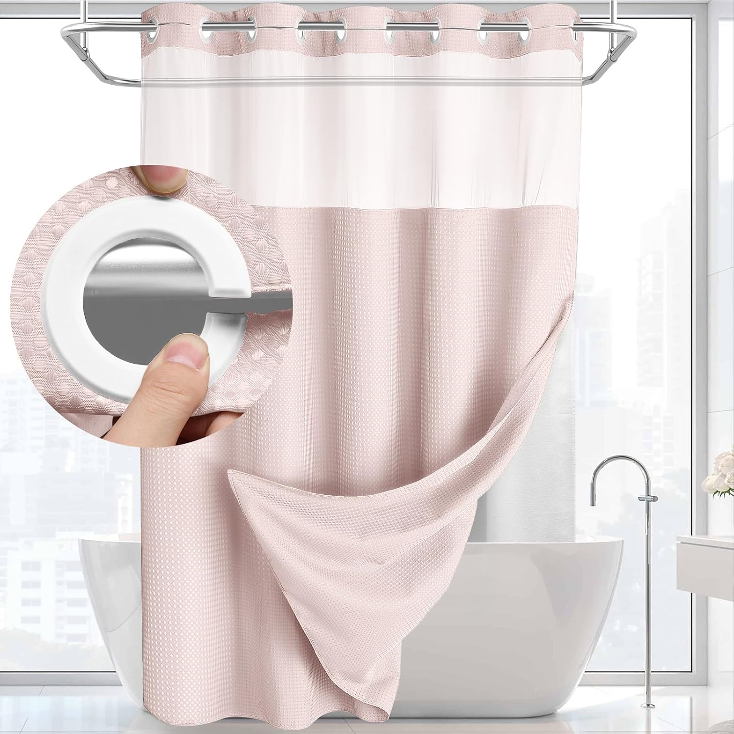 No Hook Shower Curtain with Snap in Liner Set Less Time Waffle Shower Curtain fo...
