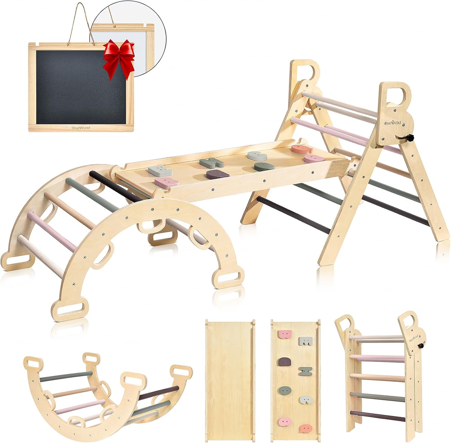 BlueWood Pikler Triangle Set, 7-in-1 Foldable Wooden Toddler Climbing Toys Indoo...