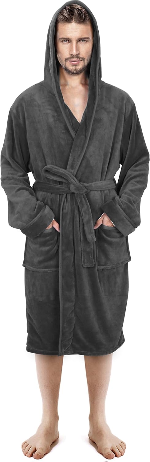 NY Threads Luxury Men’s Hooded Dressing Gown Super Soft Men’s Fleece Robe Cozy H...
