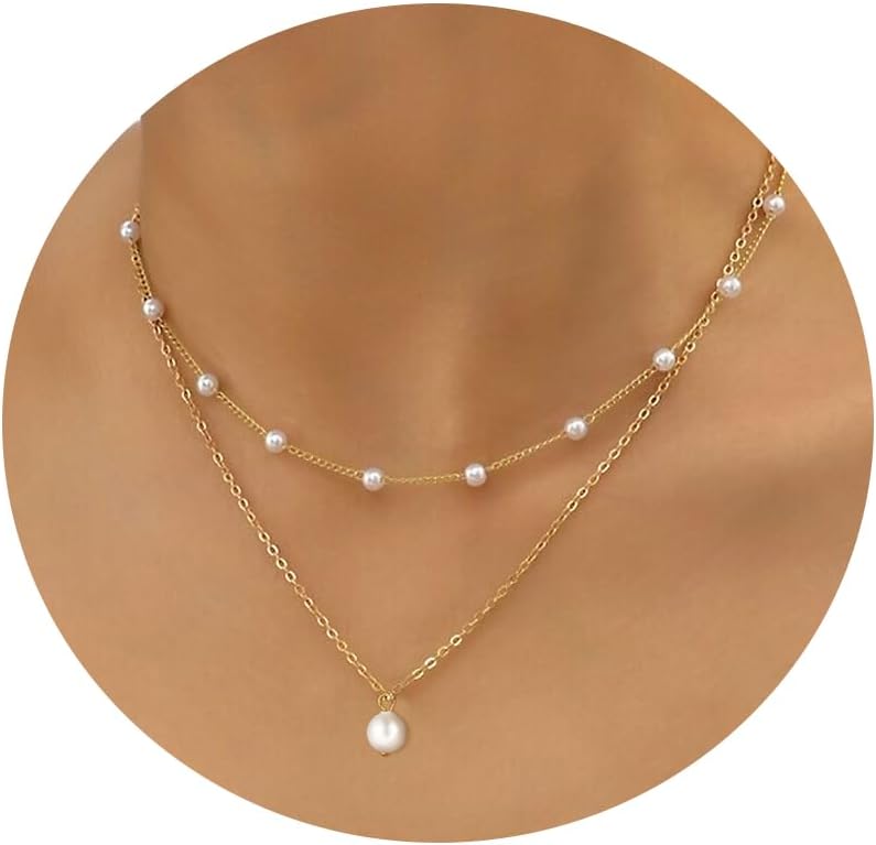 Gold Pearl Necklace for Women, 14K Gold Plated Layered Pearl Necklaces for Women...