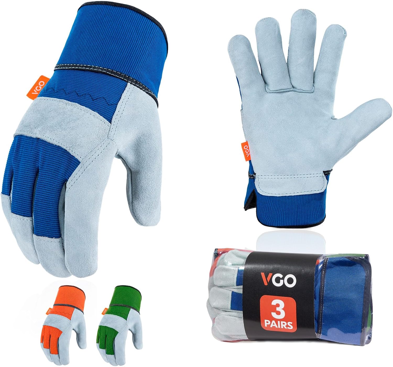 Vgo... 3Pairs Gardening Gloves Cowhide, Work Gloves Thornproof Utility for Yard...