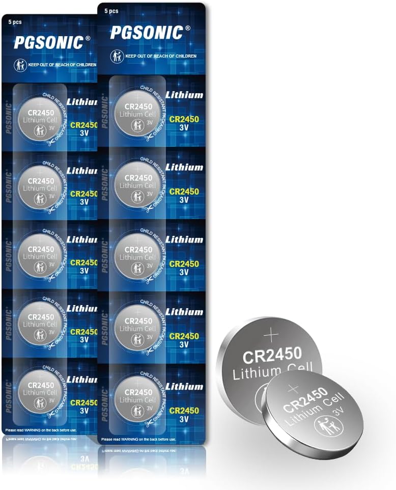 PGSONIC CR2450 Batteries, 3 Volt Lithium Coin Battery 10 Count, High Capacity an...