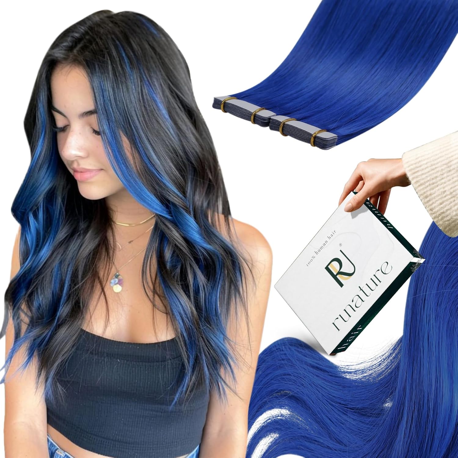 RUNATURE Blue Tape in Hair Extensions Human Hair Tape in Extensions Blue Colorfu...