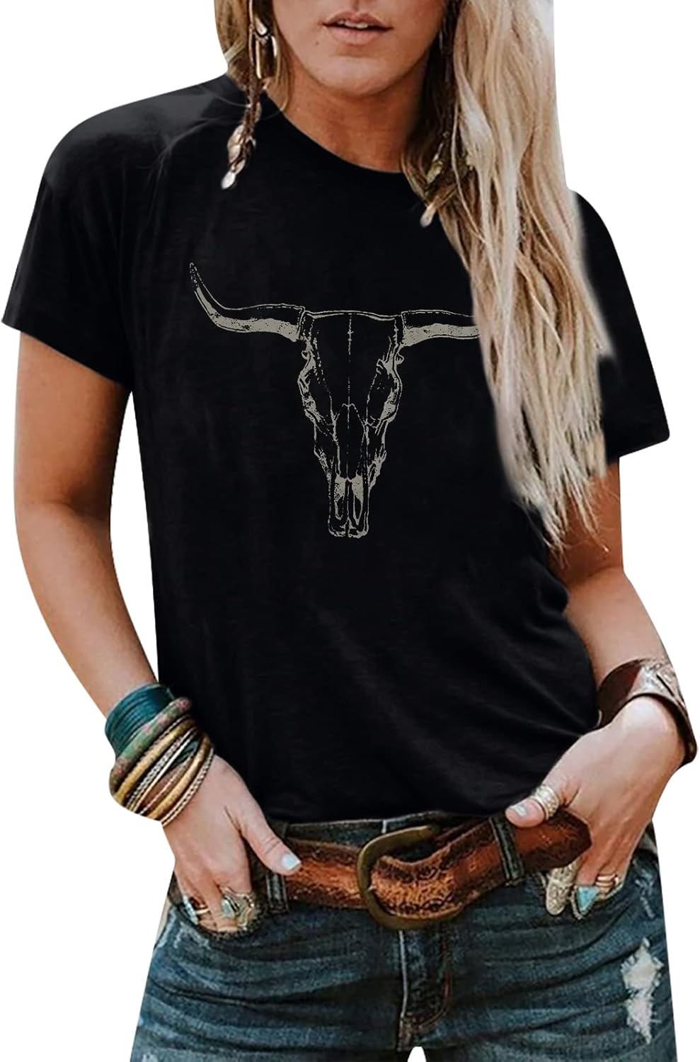 Boho Cow Skull Shirt Women Cowgirl t Shirt Vintage Western Rodeo Graphic Tee Sho...
