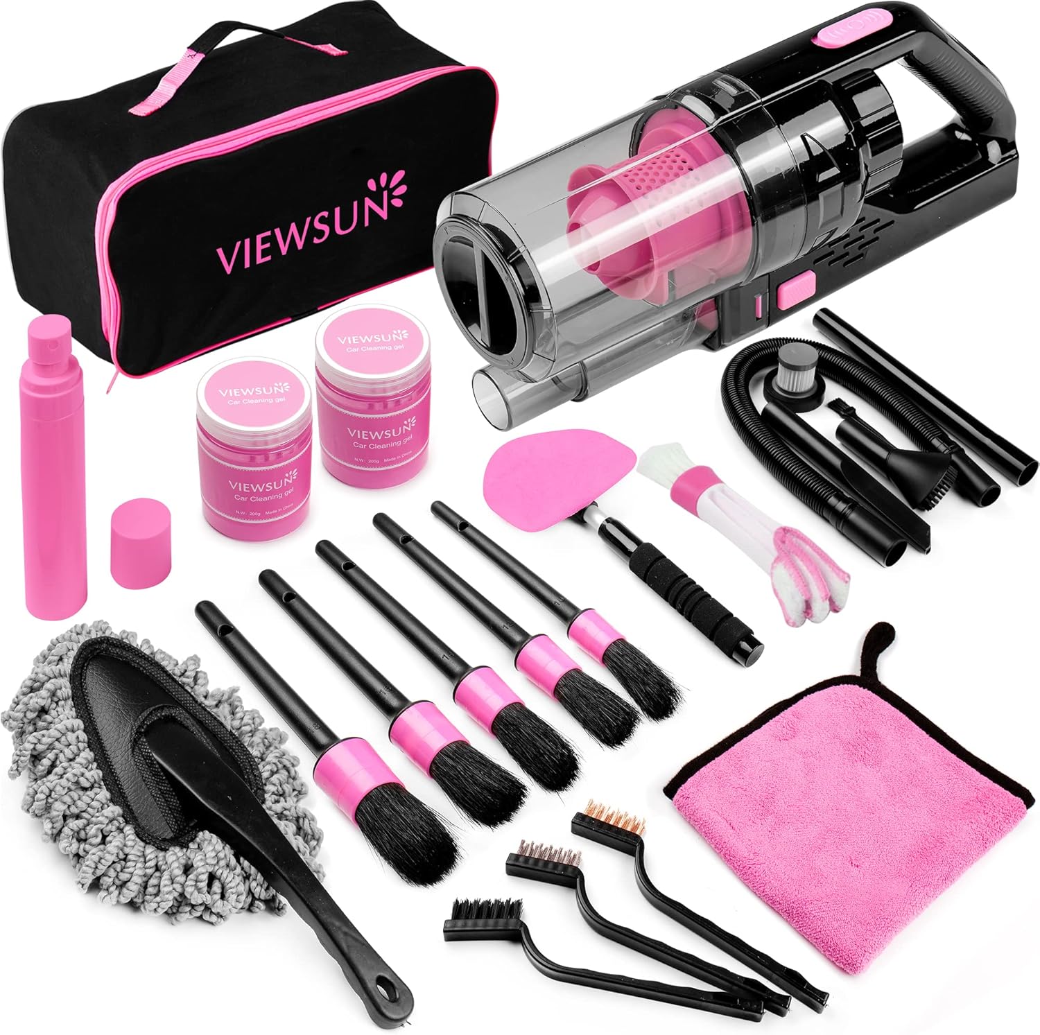 Viewsun 17pcs Car Cleaning Kit, Pink Car Interior Detailing Kit with High Power...