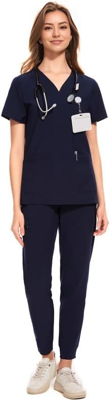 COZYFIT Medical Scrubs for Women Set - Curved V-Neck Scrub Top & Jogger Pants wi...