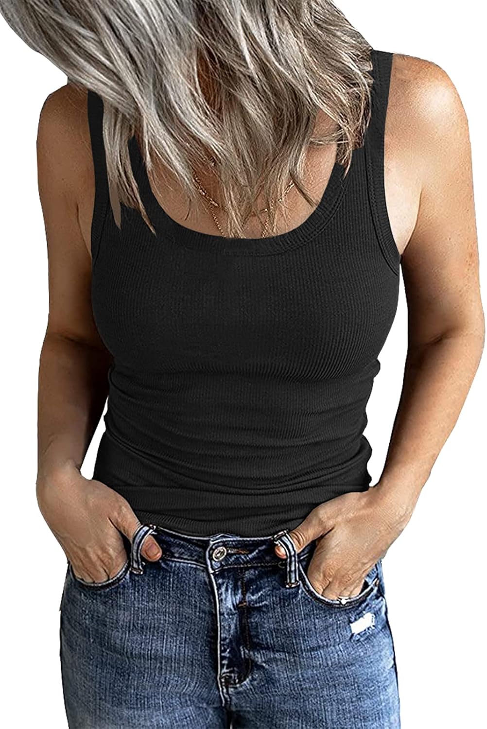 GEMBERA Women's Sleeveless Scoop Neck Ribbed Tank Tops Fitted Basic Cami Tee Shi...