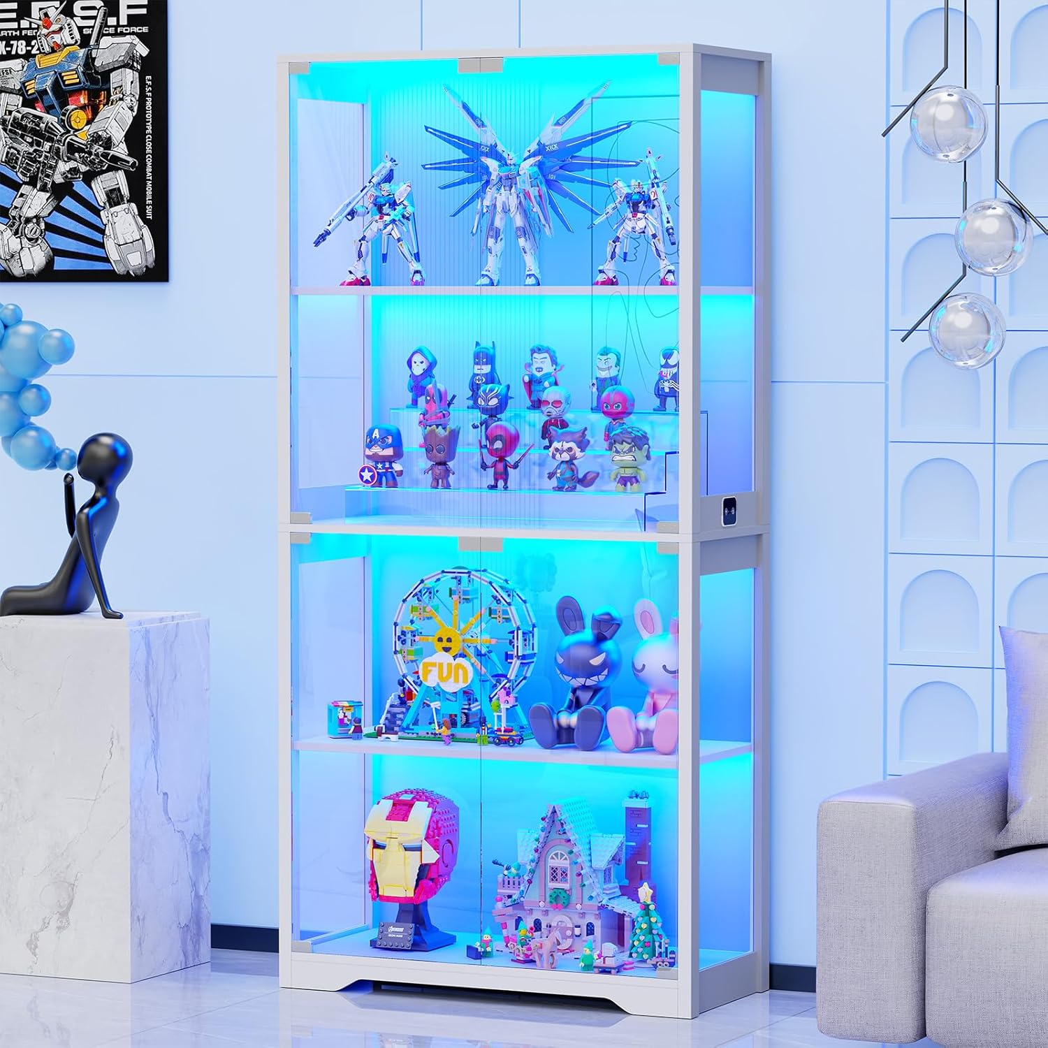 Display Cabinet with Glass Doors, 4-Tier Curio Cabinet with 3 Color Lights for C...